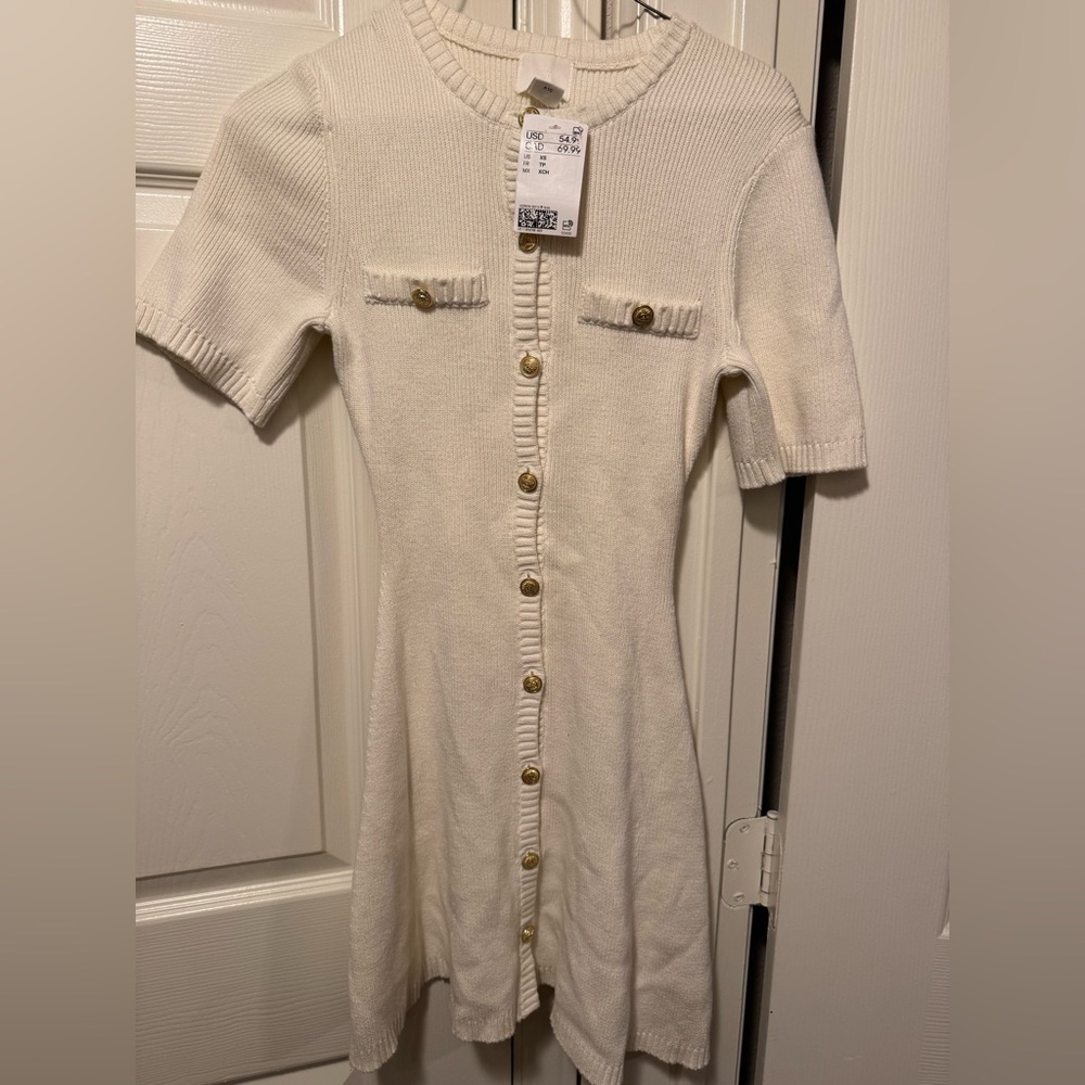 H&M Rib-knit Button-front Dress, Cream Button-Front Knit Dress with Gold Buttons
